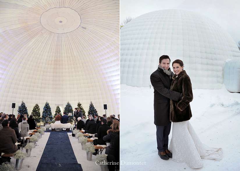 mariage d'hiver dans un igloo gonflable