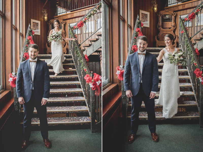First look des mariés dans le hall du Mont-Gabriel