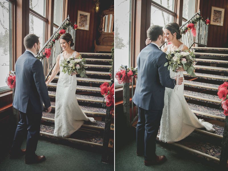 First look des mariés dans le hall du Mont-Gabriel