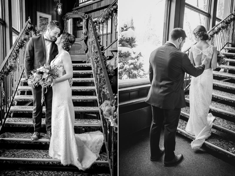 First look des mariés dans le hall du Mont-Gabriel