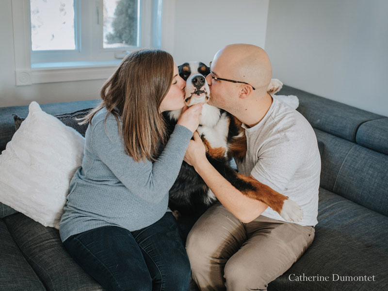 futurs parents embrassant leur chienne