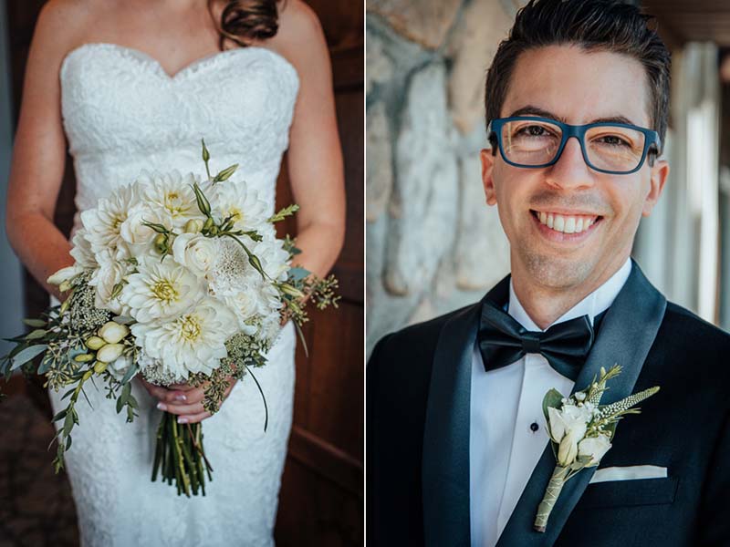 Portrait du marié et bouquet de fleurs